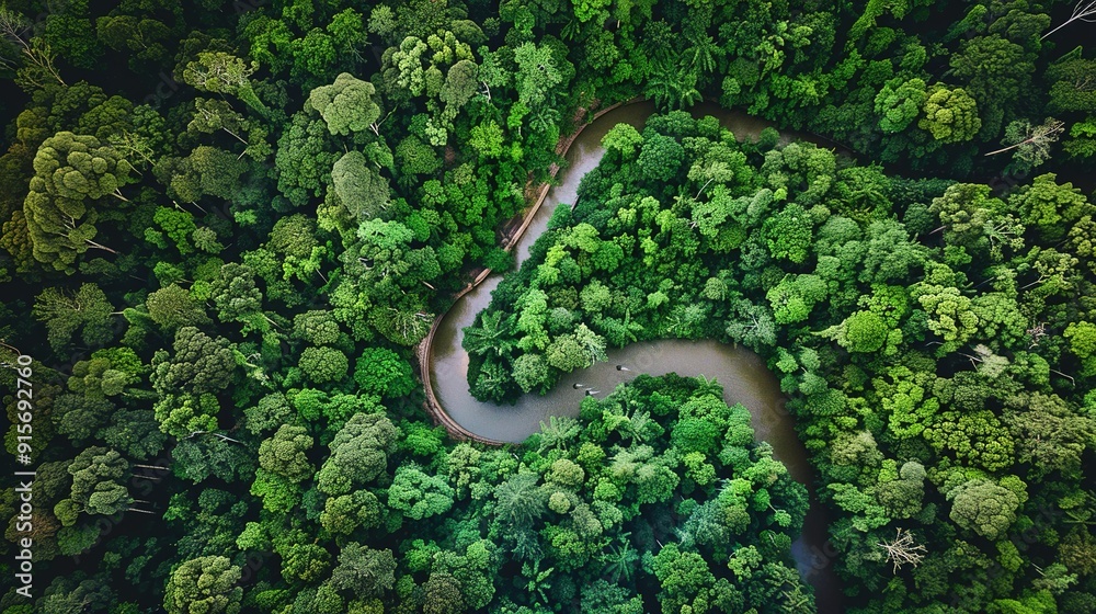 Aerial view of a winding river through dense tropical rainforest during daylight Aerial view of a winding river through dense tropical rainforest during daylight