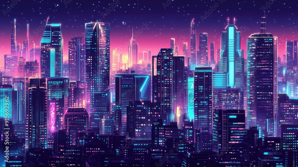 Obraz premium Cyberpunk-inspired night cityscape with glowing neon lights and high-tech skyscrapers. Dark panoramic backdrop showcasing a futuristic urban scene.