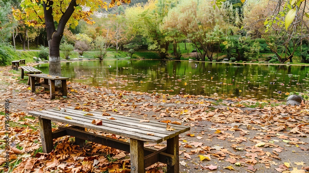 Autumn leaves cover benches near a tranquil pond in a park during midday Autumn leaves cover benches near a tranquil pond in a park during midday