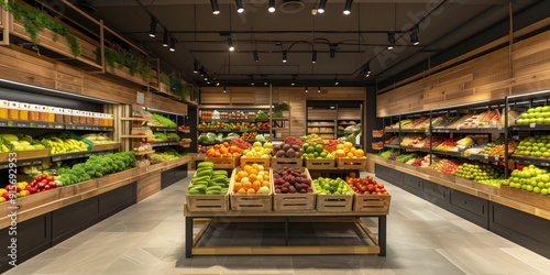 Fototapeta Naklejka Na Ścianę i Meble -  A supermarket with lots of fresh and healthy fruits and vegetables on shelves