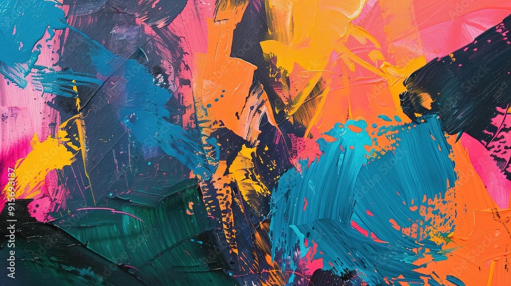 Abstract art featuring vibrant colors and dynamic brush strokes in a creative studio setting Abstract art featuring vibrant colors and dynamic brush strokes in a creative studio setting