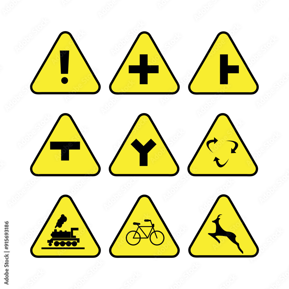 Road junction, railway, and wild animal warning signs. Road junction, railway, and wild animal warning signs.