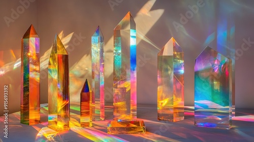 Different sizes of glass prisms and dichroic stripes refracting a strong beam of light into vibrant color spectra.