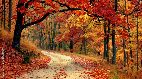 Autumn pathway through colorful trees in a serene forest during a sunny day