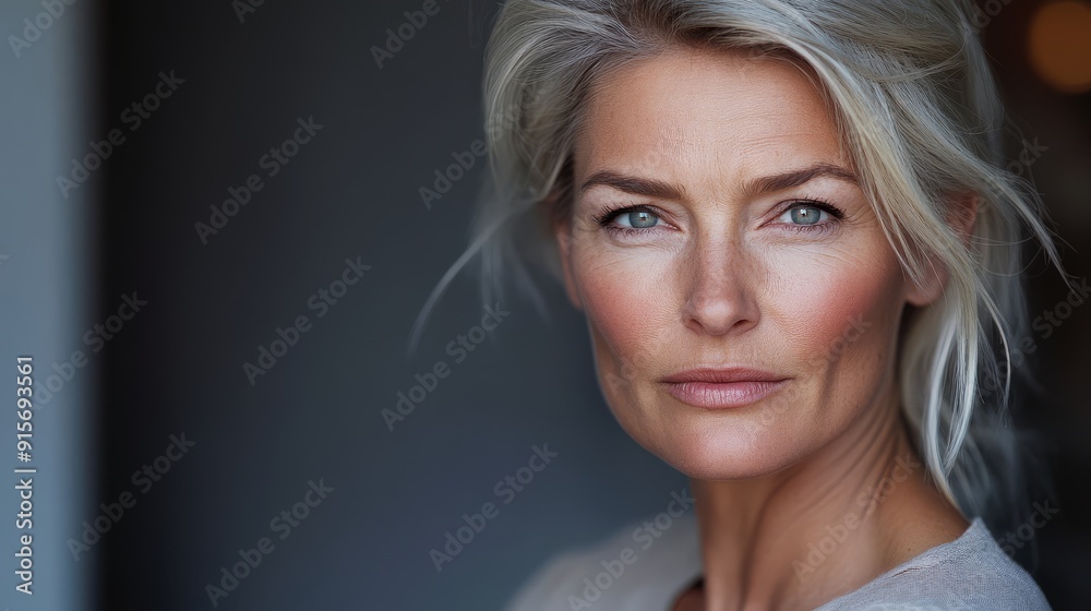 A mid-age woman with striking features gazes intensely with confidence A mid-age woman with striking features gazes intensely with confidence