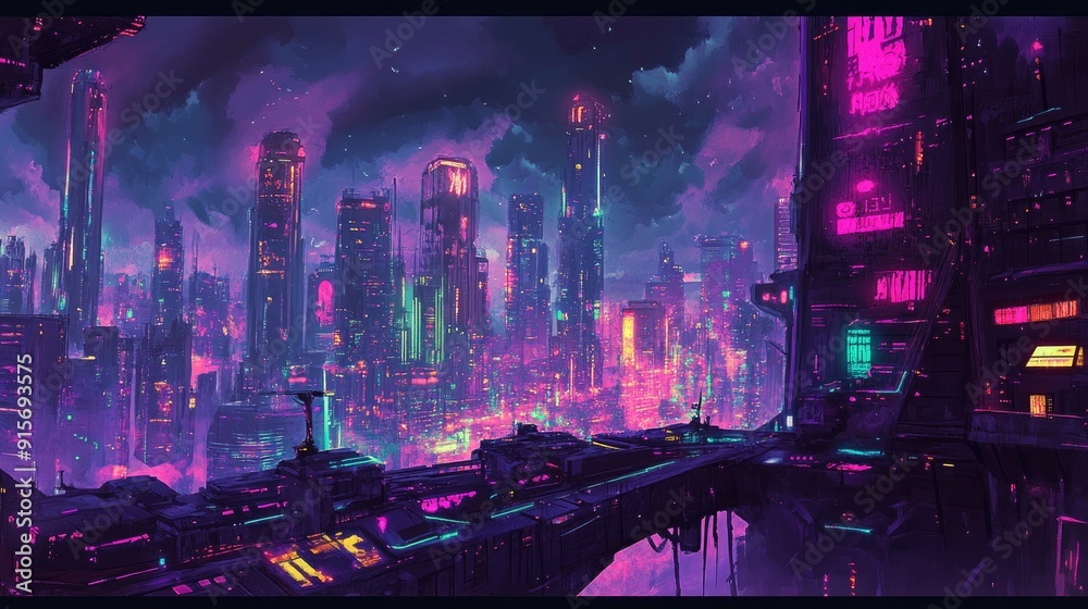 Digital illustration of a cyberpunk cityscape with a panorama of glowing neon lights. Digital illustration of a cyberpunk cityscape with a panorama of glowing neon lights.