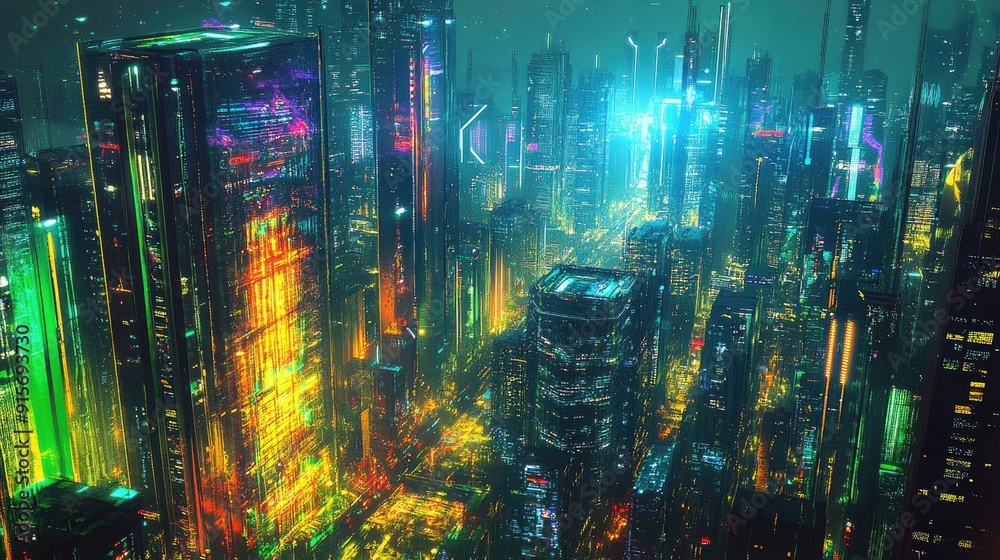 Fototapeta premium Digital neon buildings towering in a futuristic urban skyline. Vibrant lights and advanced architecture.