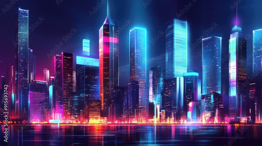 Digital neon buildings towering in a futuristic urban skyline with vibrant lights. Digital illustration. Digital neon buildings towering in a futuristic urban skyline with vibrant lights. Digital illustration.