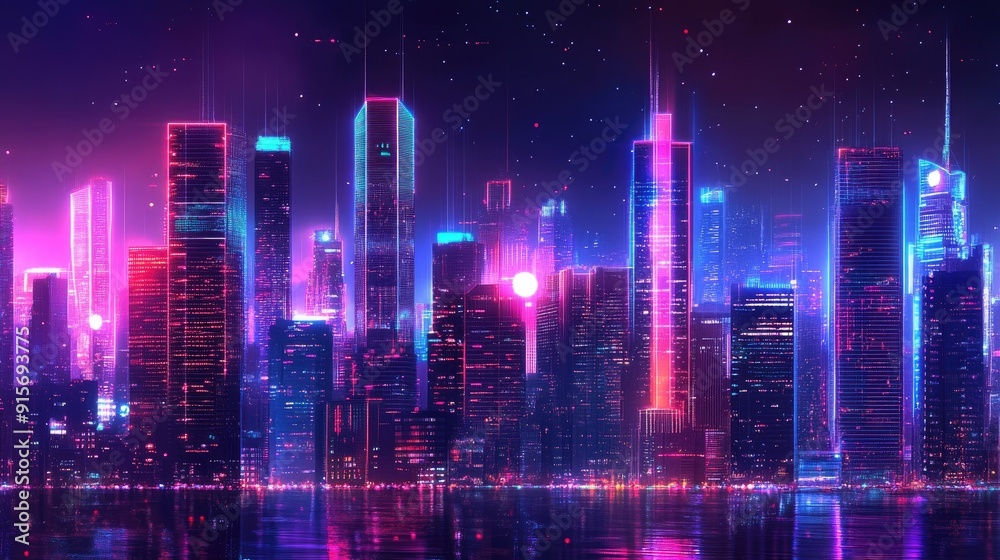 Digital neon buildings towering in a futuristic urban skyline with vibrant lights. Digital illustration.