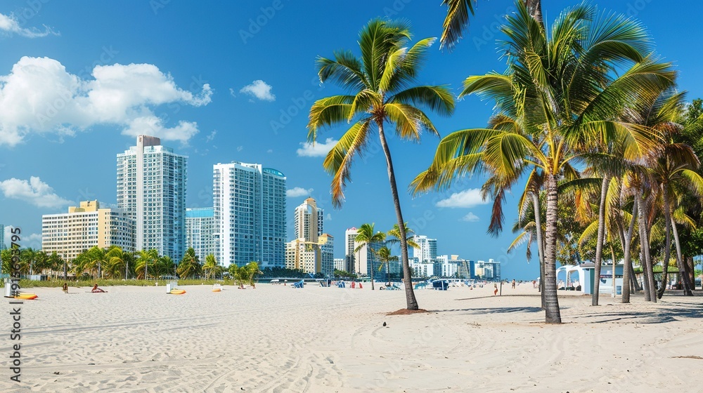 Obraz premium Sunny beach scene with palm trees and city skyline in Miami during a clear day