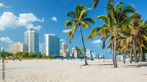 Wallpaper Mural Sunny beach scene with palm trees and city skyline in Miami during a clear day Torontodigital.ca