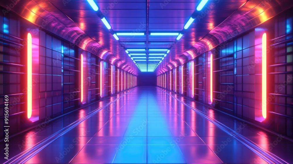 Endless textured corridor with reflective surfaces and neon lights. 3D illustration. Endless textured corridor with reflective surfaces and neon lights. 3D illustration.