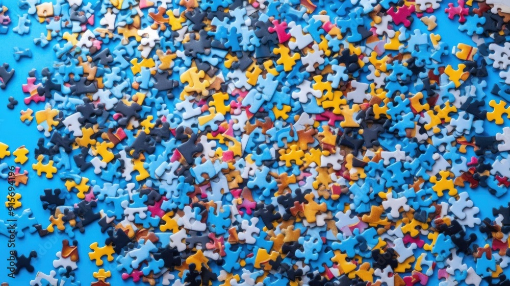 Colorful Puzzle Pieces on Blue Background Colorful Puzzle Pieces on Blue Background