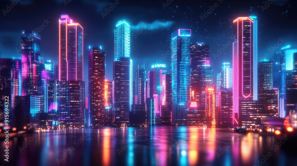 Futuristic 3D night city with vivid neon colors. Illustration featuring skyscrapers and downtown buildings with bright lights.