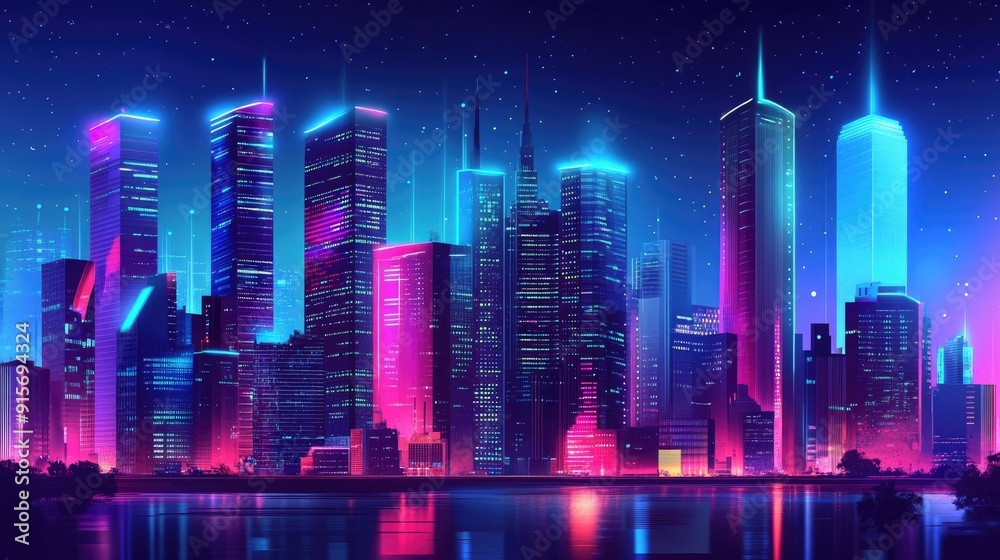 Futuristic 3D night city with vivid neon colors. Illustration featuring skyscrapers and downtown buildings with bright lights. Futuristic 3D night city with vivid neon colors. Illustration featuring skyscrapers and downtown buildings with bright lights.