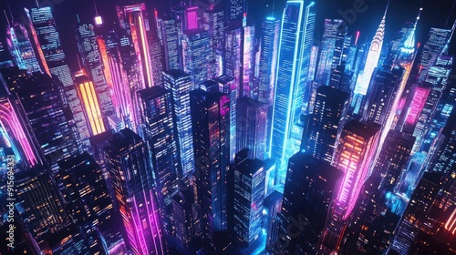 Futuristic 3D night city with vivid neon colors. Illustration featuring skyscrapers and downtown buildings with bright lights.