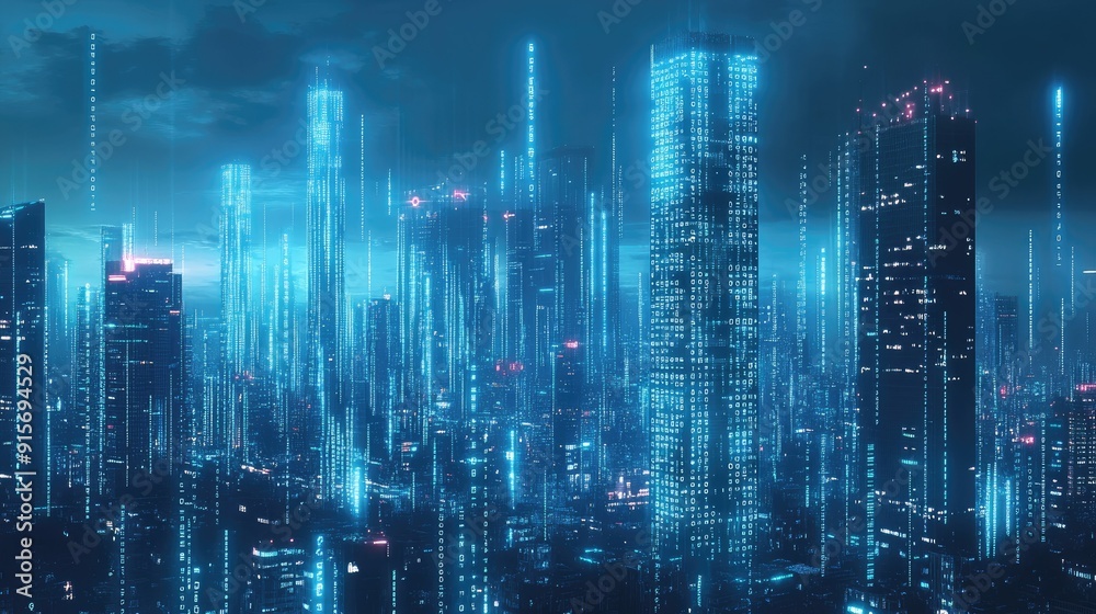 Futuristic city skyline glowing with neon blue lights and cascading binary code. Represents data flow and technological advancement. Futuristic city skyline glowing with neon blue lights and cascading binary code. Represents data flow and technological advancement.