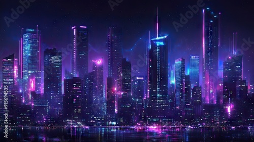 Futuristic city skyline with glowing neon lights and tall skyscrapers. Dark, cyberpunk-inspired night backdrop with a panoramic view of the urban scene.