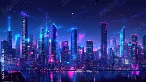 Wallpaper Mural Futuristic city skyline with glowing neon lights and tall skyscrapers. Dark, cyberpunk-inspired night backdrop with a panoramic view of the urban scene. Torontodigital.ca