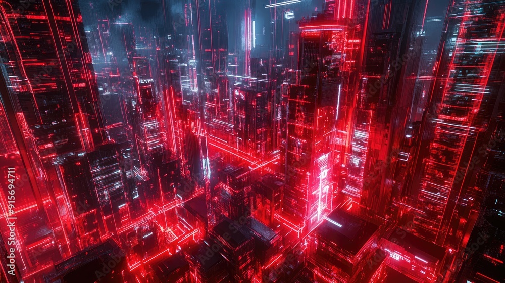 Futuristic city with red neon lights and dark, tech-heavy backdrop. Cyberpunk style 3D illustration with dynamic lighting and high-tech ambiance. Futuristic city with red neon lights and dark, tech-heavy backdrop. Cyberpunk style 3D illustration with dynamic lighting and high-tech ambiance.
