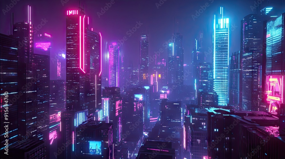 Futuristic cityscape at night with colorful glowing neon lights. Wide view of the city with cyberpunk and retro wave aesthetics.