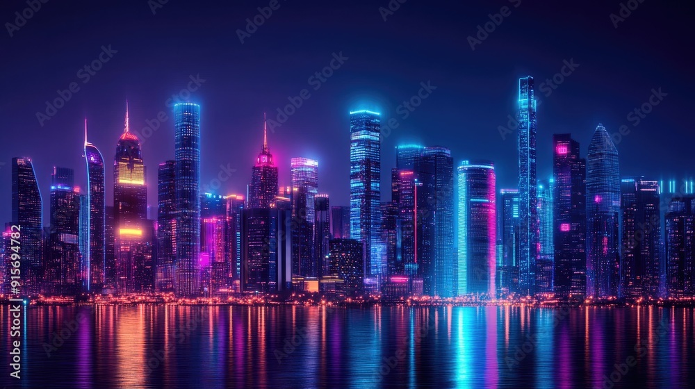 Fototapeta premium Futuristic cityscape at night with colorful glowing neon lights. Wide view of the city with cyberpunk and retro wave aesthetics.