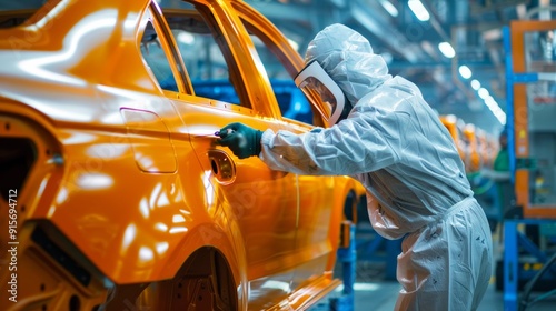 Professional car painter in a white protective suit evenly spraying orange paint on a car's side panel, with blue-painted parts visible around the workshop. photo