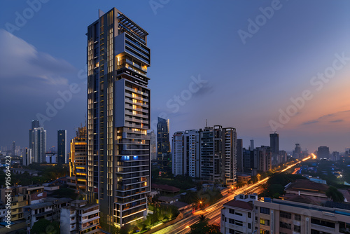 3D render of the Exterior Facade of Residential Skyscraper Apartment Condominium Flat Building Office Tower Real Estate Property Aerial View Drone View