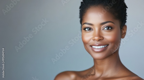 A confident woman beams with joy, showcasing her vibrant personality and beauty