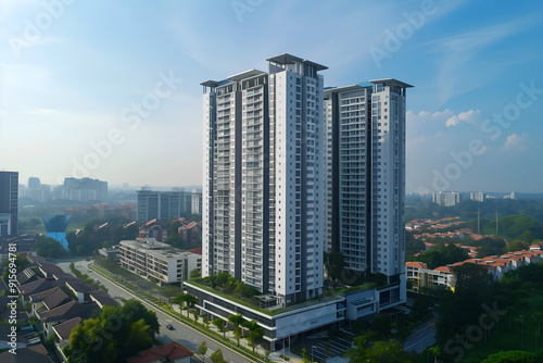 3D render of the Exterior Facade of Residential Skyscraper Apartment Condominium Flat Building Office Tower Real Estate Property Aerial View Drone View