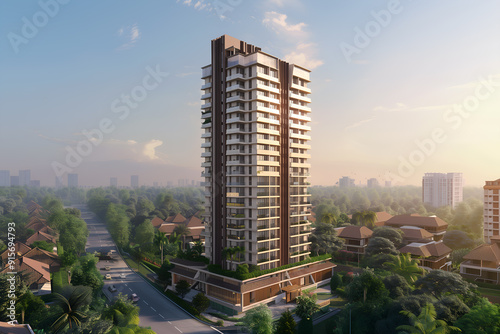 3D render of the Exterior Facade of Residential Skyscraper Apartment Condominium Flat Building Office Tower Real Estate Property Aerial View Drone View