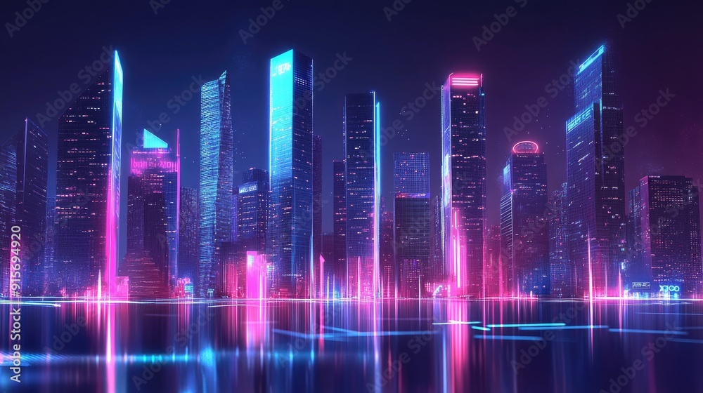 Futuristic cityscape showcasing a skyline of glowing neon buildings and digital displays. Digital illustration. Futuristic cityscape showcasing a skyline of glowing neon buildings and digital displays. Digital illustration.