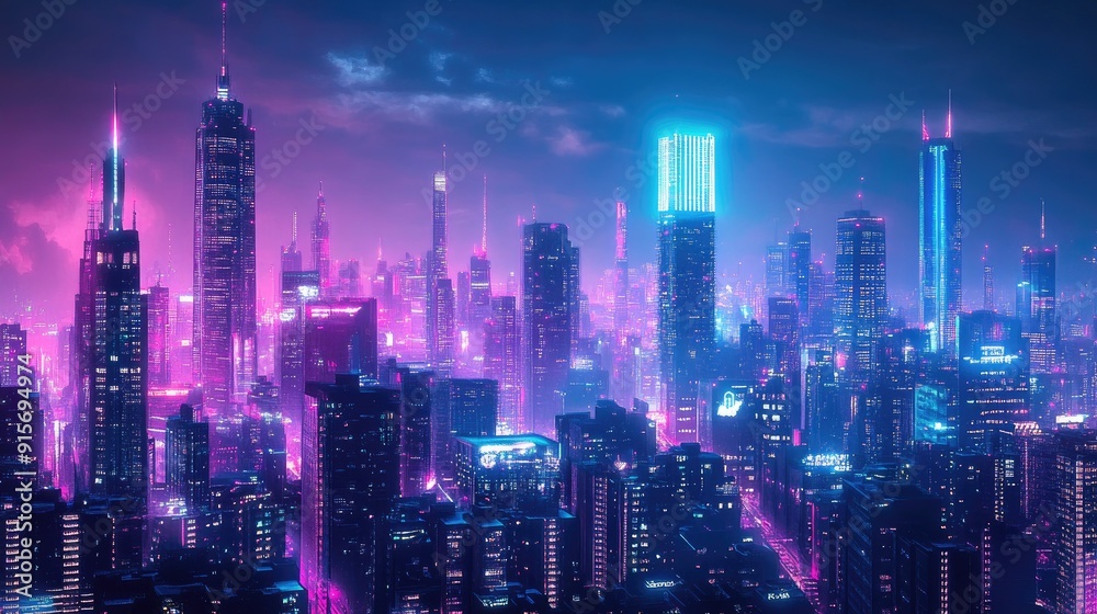 Fototapeta premium Futuristic cityscape with bright neon lights and modern skyscrapers against a dark night sky. Cyberpunk-themed panoramic view of the urban environment.