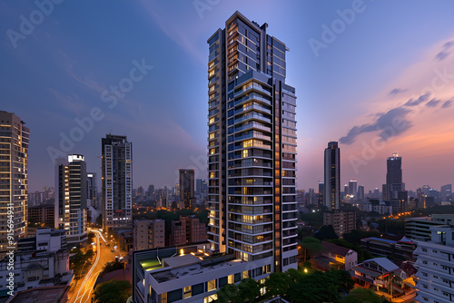 3D render of the Exterior Facade of Residential Skyscraper Apartment Condominium Flat Building Office Tower Real Estate Property Aerial View Drone View