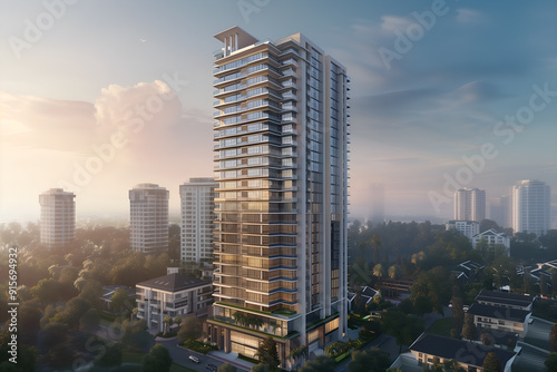3D render of the Exterior Facade of Residential Skyscraper Apartment Condominium Flat Building Office Tower Real Estate Property Aerial View Drone View