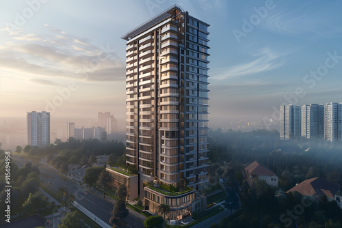 3D render of the Exterior Facade of Residential Skyscraper Apartment Condominium Flat Building Office Tower Real Estate Property Aerial View Drone View