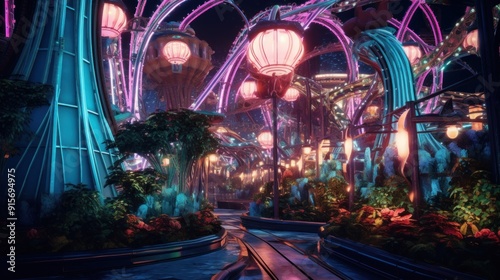 Futuristic Amusement Park at Night