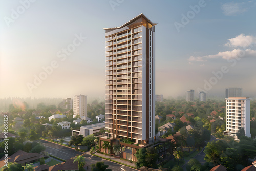 3D render of the Exterior Facade of Residential Skyscraper Apartment Condominium Flat Building Office Tower Real Estate Property Aerial View Drone View