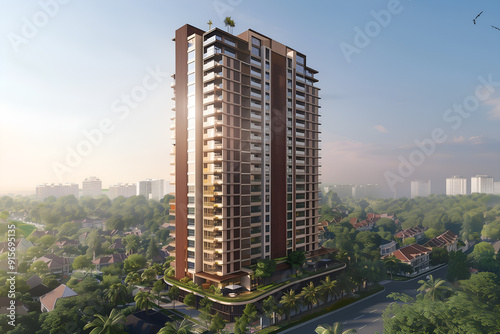 3D render of the Exterior Facade of Residential Skyscraper Apartment Condominium Flat Building Office Tower Real Estate Property Aerial View Drone View