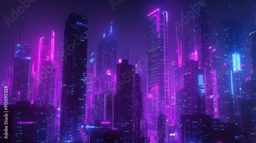 Futuristic cyberpunk city panorama with towering buildings and glowing neon lights. Digital art.