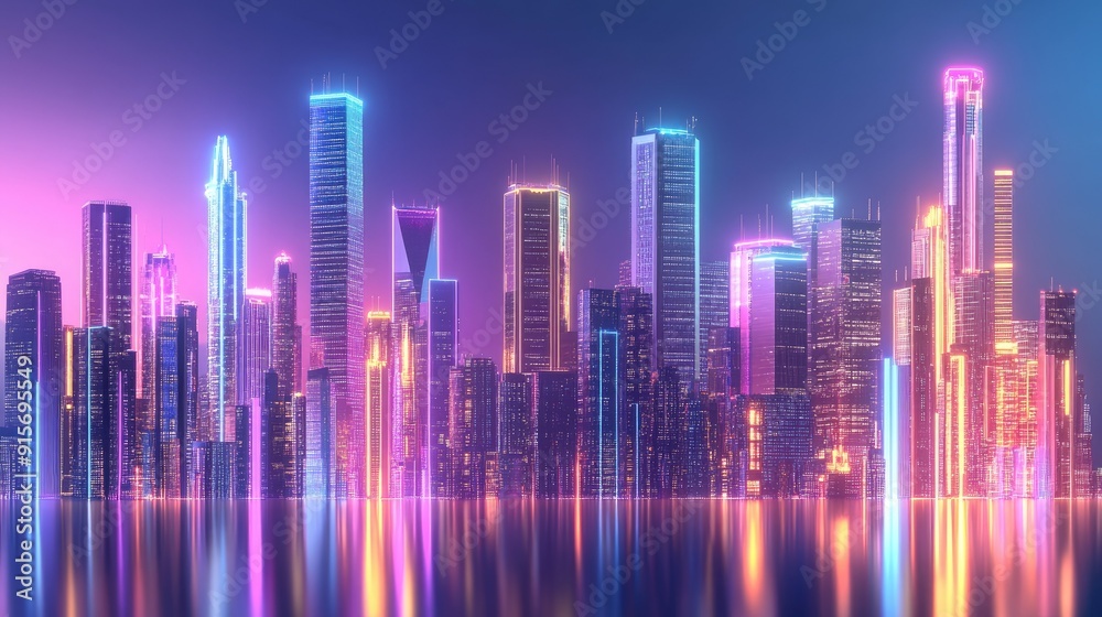 Futuristic downtown skyline in 3D with neon lights and vivid colors highlighting the skyscrapers and buildings. Futuristic downtown skyline in 3D with neon lights and vivid colors highlighting the skyscrapers and buildings.