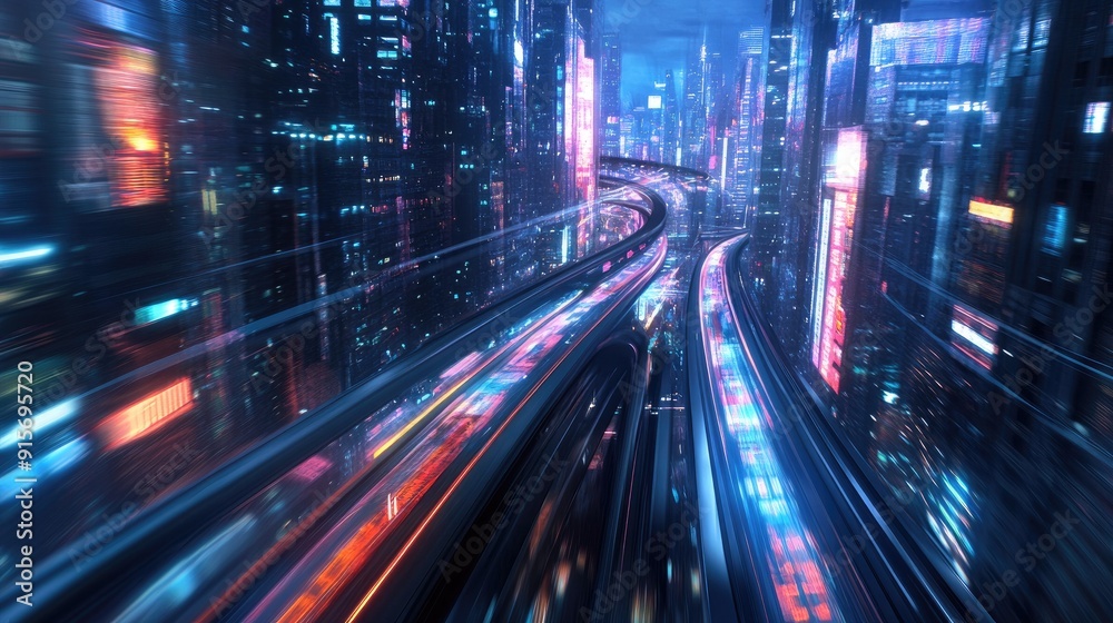 Futuristic hyperloop speeding through a city with blurred lights from buildings at night. 3D rendering emphasizes next-gen technology and urban design. Futuristic hyperloop speeding through a city with blurred lights from buildings at night. 3D rendering emphasizes next-gen technology and urban design.