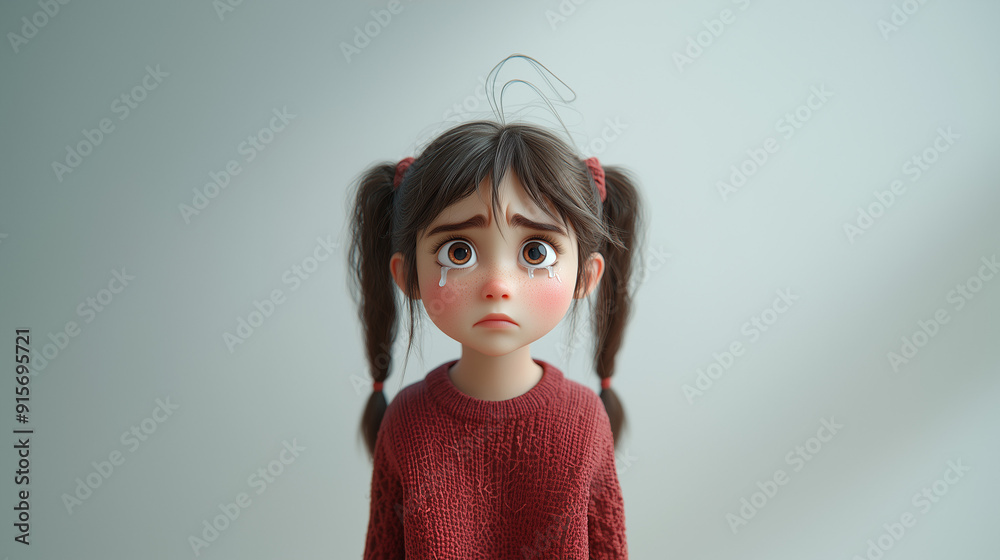 A 3D cartoon-style little girl with pigtails and tearful eyes conveys sadness and frustration on a white background.
A 3D cartoon-style little girl with pigtails and tearful eyes conveys sadness and frustration on a white background.