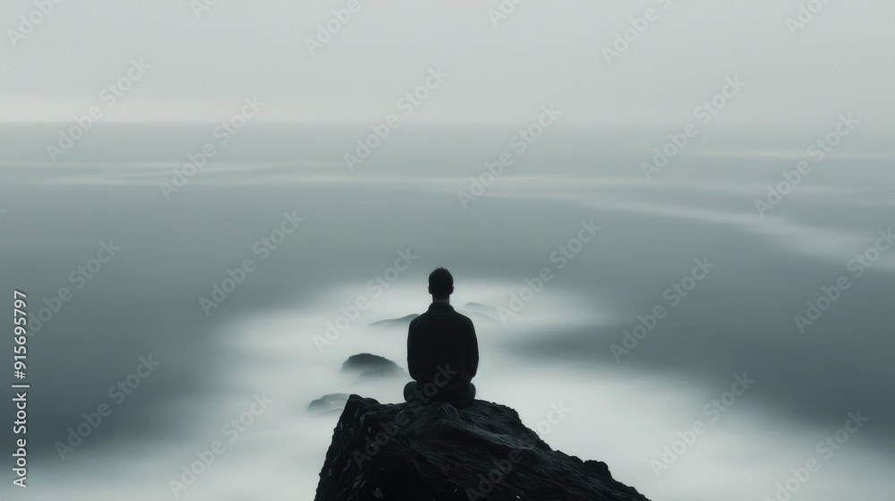 Person Meditating on a Rock Overlooking a Foggy Ocean at Dusk Person Meditating on a Rock Overlooking a Foggy Ocean at Dusk