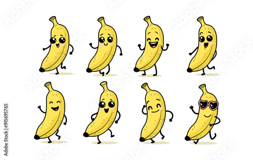 Collection cute cartoon bananas with  faces and playful poses. Bananas are drawn in a cute animated doodle style with large, eyes.