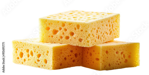 Yellow kitchen sponges stacked on a white background