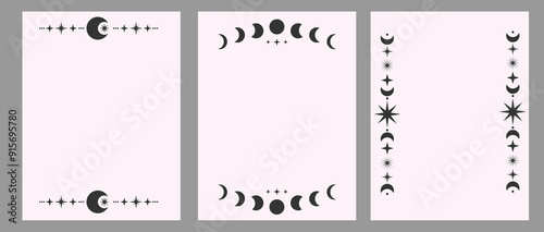 Set of vertical poster mystic magic moon line. Crescent black moons and stars dividers. Background with astrology ornament.