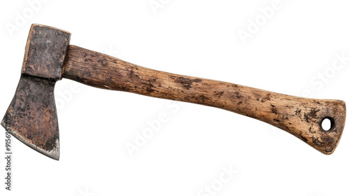 Old carpentry axe with a wooden handle on a white background