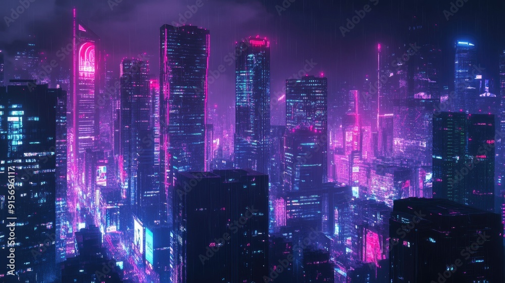 Futuristic night city with a panoramic view of neon lights and towering skyscrapers. Dark cityscape with a cyberpunk aesthetic. Futuristic night city with a panoramic view of neon lights and towering skyscrapers. Dark cityscape with a cyberpunk aesthetic.