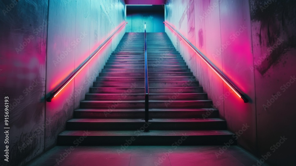 Neon-Lit Stairs in Urban Location at Night Neon-Lit Stairs in Urban Location at Night